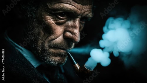 Close-up of an older man smoking a pipe, illuminated and emanating smoke in a dark setting