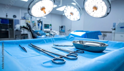 Surgical tools are laid out on blue surgical drapes under bright lights, inside of a sterile operating room