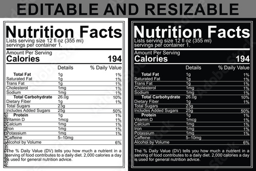 White and black nutrition facts labels food information serving size