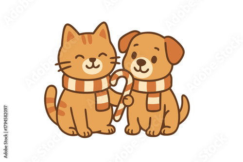 Cute Christmas Cat and Dog Holding Candy Cane Illustration