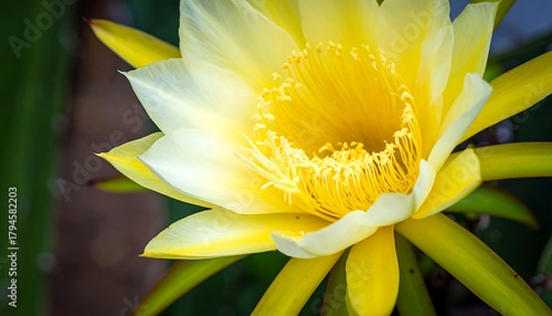 A vibrant yellow dragon fruit flower blossom opens, displaying intricate stamen and petals, captured close-up