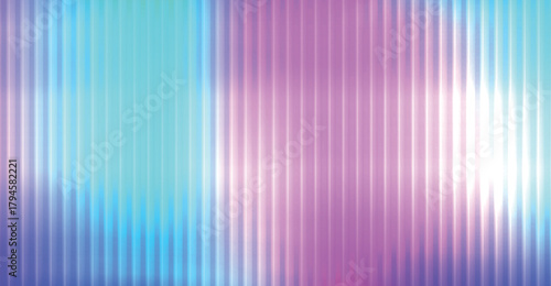 Trendy color horizontal background of ribbed glass effect. Gradient banner with holographic texture. Iridescent plastic with striped overlay. Vector illustration.