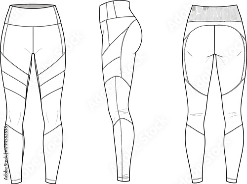 Cad drawing flat vector illustration of women’s athletic leggings featuring front, side, and back technical sketch designs for activewear fashion detailing