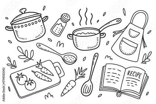 Hand drawn kitchen utensils and cooking ingredients