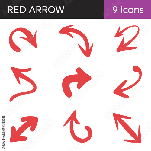 Collection of nine red arrow icons