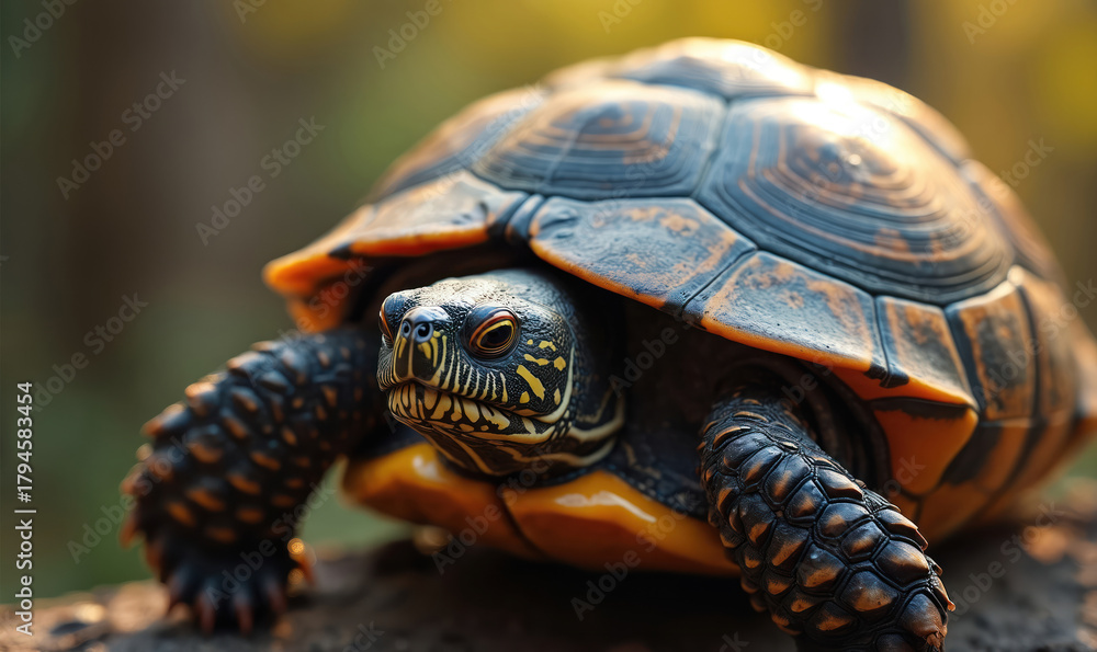 Obraz premium Close up of a small turtle with detailed patterned shell and yellow markings on its face. Reptile walks slowly on a log in soft natural outdoor light. Animal shows its ancient armored carapace.
