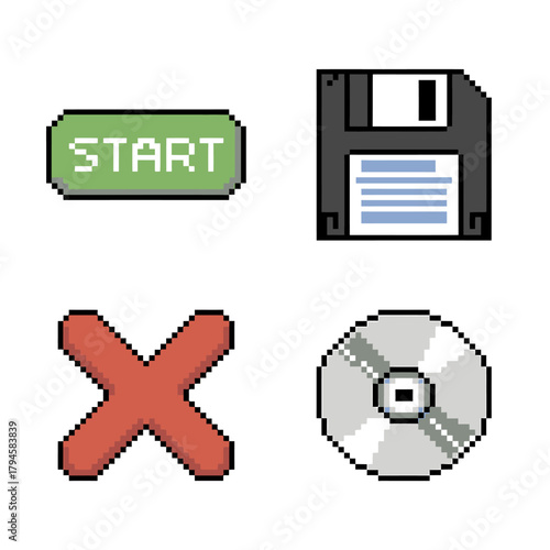 Pixel art icons representing start button, floppy disk, cross and compact disc