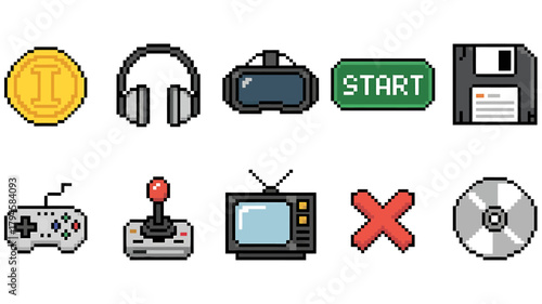 Pixel art set of retro gaming icons