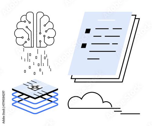 Brain with circuits, binary data, layered processor, document, and cloud. Ideal for AI, machine learning, data processing, automation cloud storage neural networks simple flat metaphor