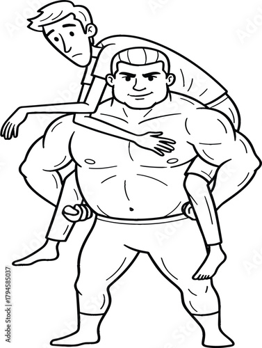 Muscular Man Carrying Skinny Man Piggyback Line Art Vector