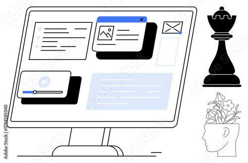 Computer monitor displaying apps, emails, and media. Chess piece symbolizes strategy head with plants reflects creative growth. Ideal for innovation, planning, teamwork, creativity, education