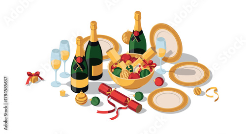 Festive celebration with champagne and holiday decor in isometric style