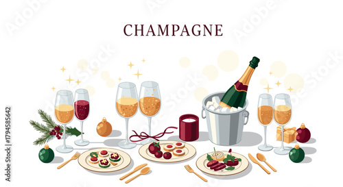 Elegant holiday dining table with champagne and festive decorations