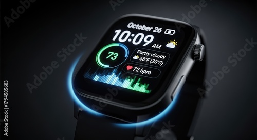 Close up of a smartwatch displaying health metrics and time october 26