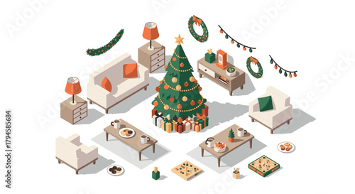 Cozy christmas living room scene with isometric decor and holiday treats