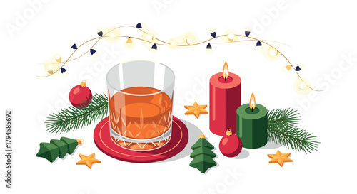 Festive holiday scene with candle lights and whiskey glass