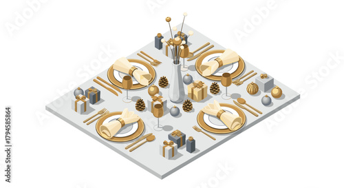 Elegant isometric christmas table arrangement with gold and silver decor elements