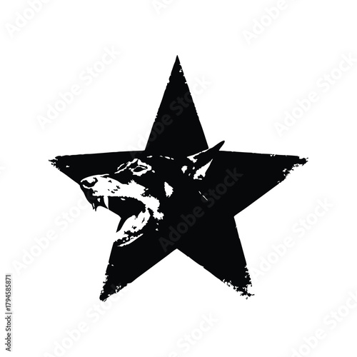 Black and white illustration of a fierce doberman dog head with a black star background shape in retro vintage punk style