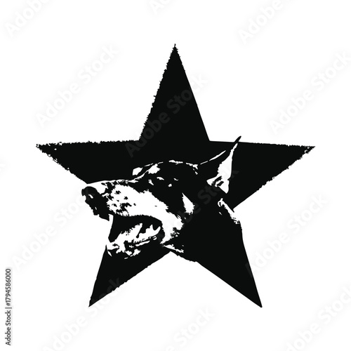 Black and white illustration of a fierce doberman dog head with a black star background shape in retro vintage punk style
