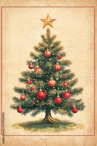 A vintage, high-quality illustration resembling a 1950s Christmas card, featuring a classic, decorated green Christmas tree with red ornaments and a gold star, 
