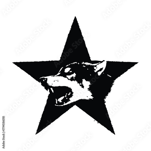 Black and white illustration of a fierce doberman dog head with a black star background shape in retro vintage punk style