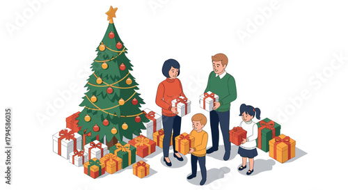 Family celebrating christmas with gifts and decorated tree in isometric style