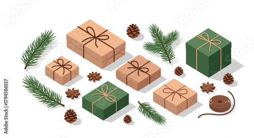 Festive gift boxes and pine elements in isometric style for christmas celebrations