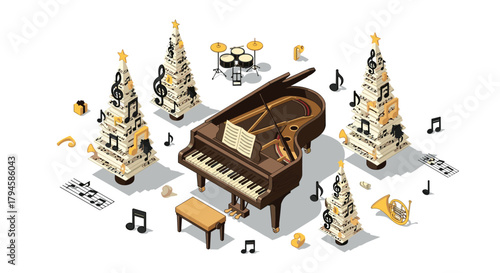 Christmas music scene with piano and decorated trees in isometric view