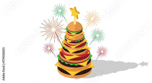Festive burger christmas tree with star topper and fireworks in isometric style