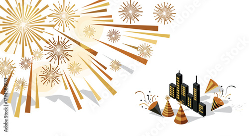 Festive cityscape with fireworks and party hats on white background