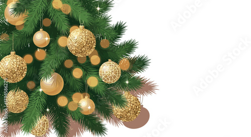 Festive christmas tree with gold ornaments and pine needles on white background