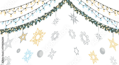 Festive string lights and snowflakes pattern decoration in flat style