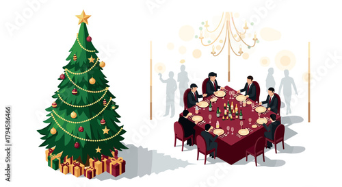 Festive holiday gathering with christmas tree and dinner celebration