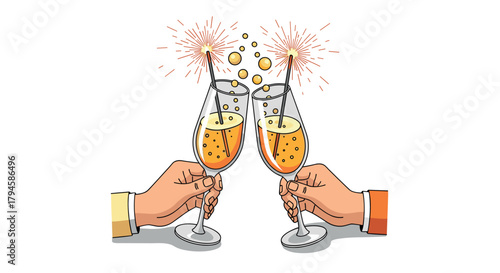 Cheers celebration with sparkling wine glasses in modern flat style