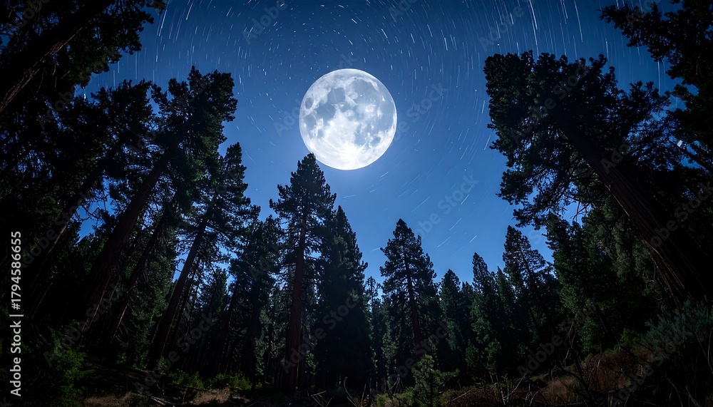 Fototapeta premium Moon hangs above a forest of tall trees against a dark sky, showing star trails from a long exposure shot
