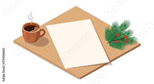 Festive coffee break with blank paper on wooden table and winter branch