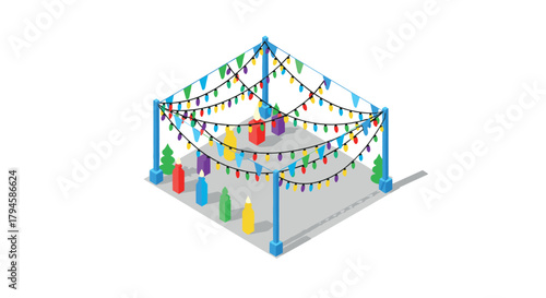 Festive hanging lights and decorated party space with colorful banners in isometric style