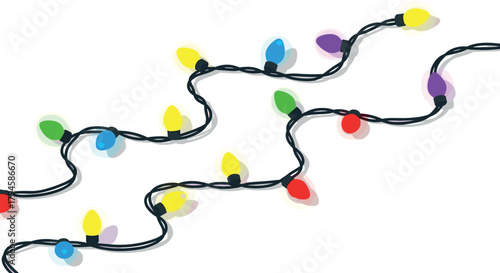 Festive string lights with multicolored bulbs on a twisting cord