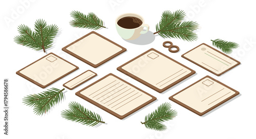 Cozy flat lay of holiday stationery with coffee and pine branches