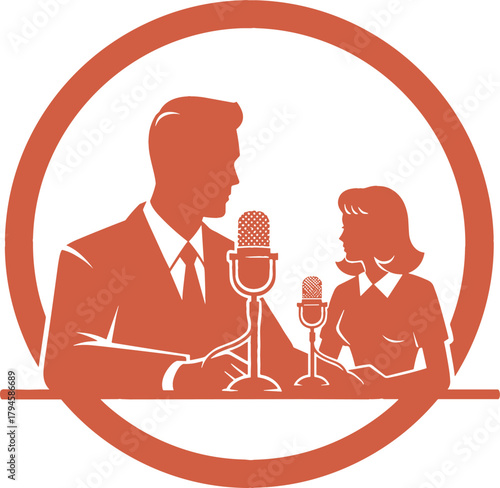 Retro Podcast Interview Show Host and Guest Silhouette Vector
