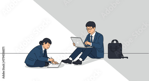 Businesspeople in modern office attire collaborate on projects