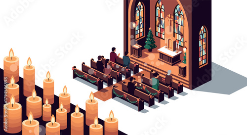 Isometric christmas church service with lit candles and decorated altar