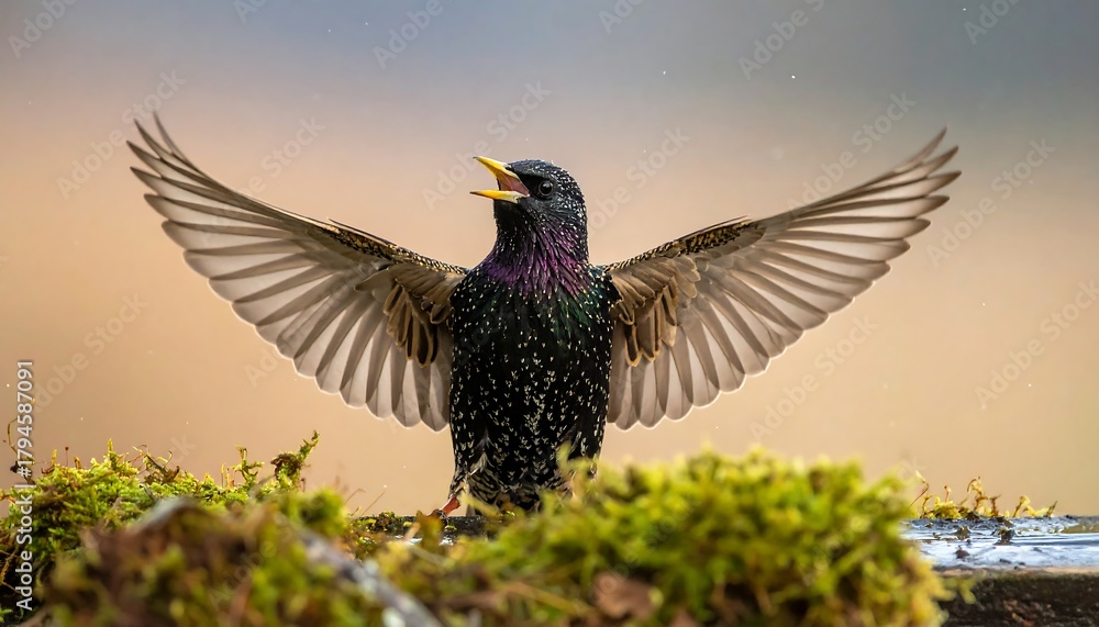 Obraz premium Starling perched on moss with wings spread wide, singing. Feathers show iridescent colors under a soft, warm background