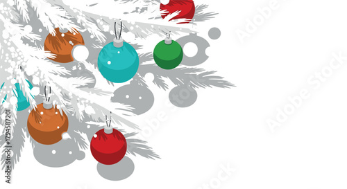 Festive holiday scene with colorful baubles on white pine tree branches