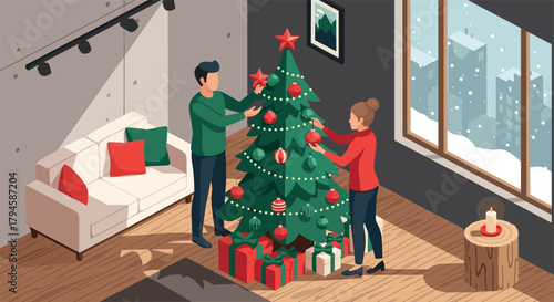 Festive home celebration with couple decorating christmas tree in cozy living room