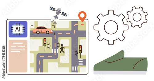 AI interface with traffic map, autonomous car, pedestrian, satellite, gears, and shoe. Ideal for technology, AI smart cities automation urban planning navigation innovation. Simple flat metaphor