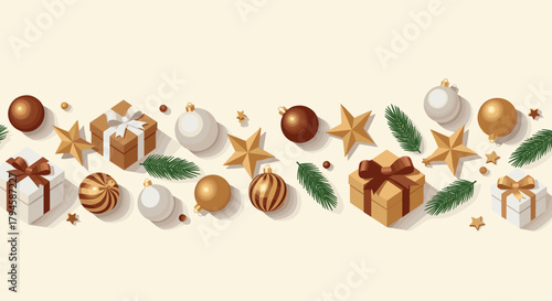 Festive christmas border with gifts and baubles in minimalist style