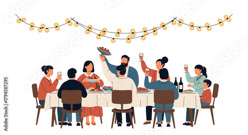 Festive family gathering at dinner table with string lights and toasts