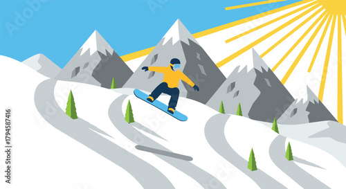 Snowboarder jumping in sunny mountain landscape with snowy peaks and trees