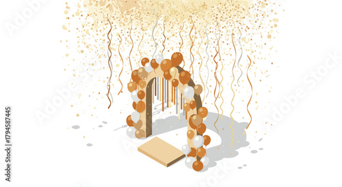 Elegant balloon arch with golden confetti and streamers in isometric style